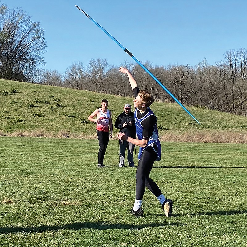 South Callaway junior Brendon Mealy throws a javelin at a meet this season.