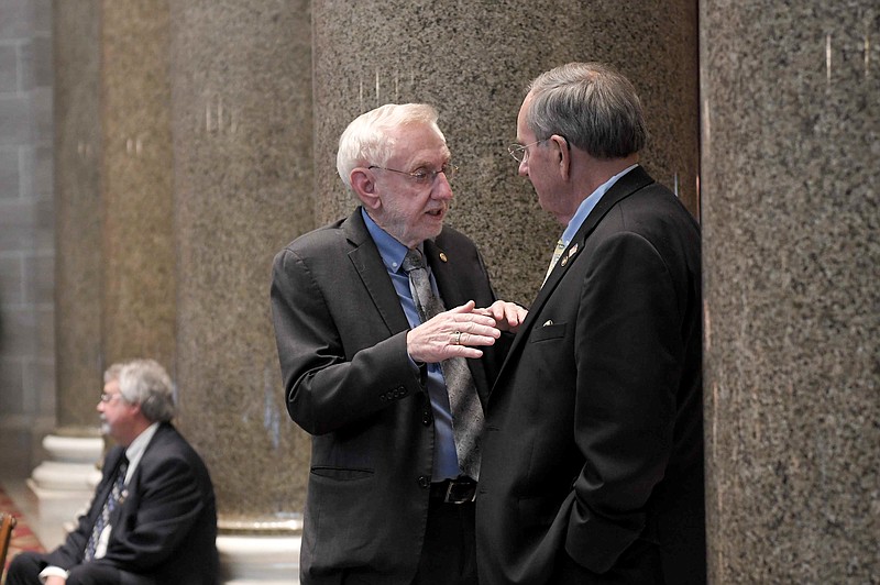 <p>Tim Bommel/Missouri House of Representatives</p><p>Jefferson City state representatives, Rudy Veit, left, and Dave Griffith, speak Friday during the final day of the Missouri Legislature’s 101st General Assembly.</p>