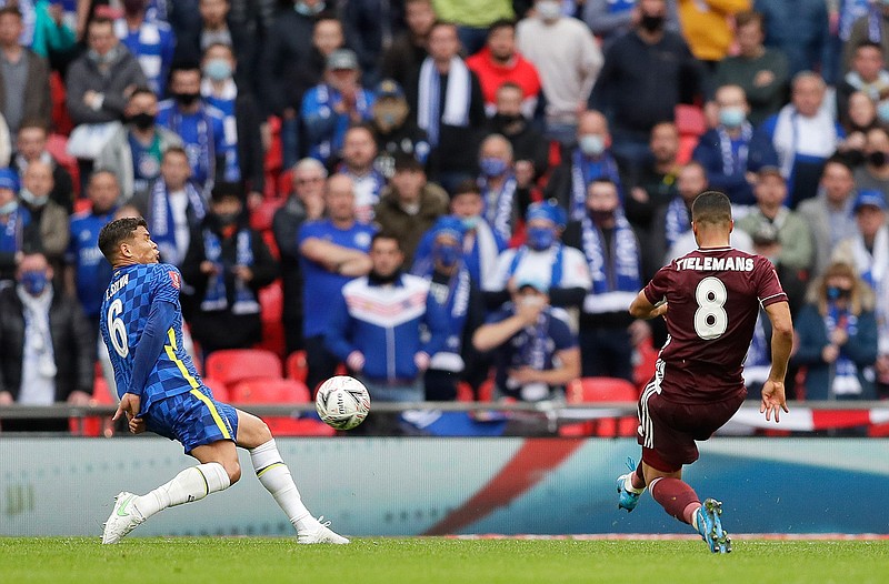 Leicester's Youri Tielemans scores the opening goal during the FA Cup final soccer match between Chelsea and Leicester City at Wembley Stadium in London, England, Saturday May 15, 2021. (AP Photo/Kirsty Wigglesworth, Pool)