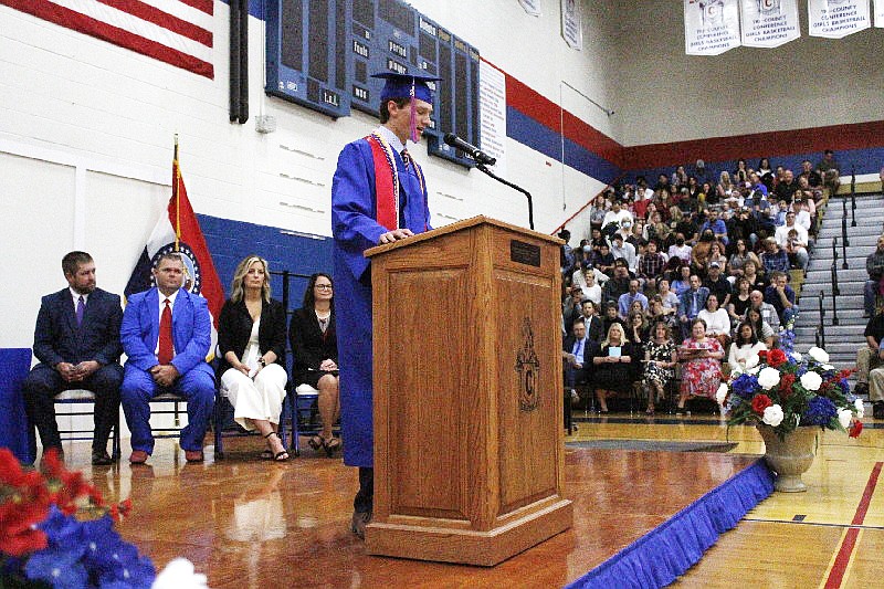 Graduating senior Hunter Oliver addresses the California Pintos class of 2021 during Sunday's commencement ceremony. Oliver, as the commencement speaker, took time in his speech to offer his peers some pieces of advice he said he hoped would help them along their way.