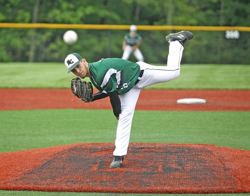 North Callaway pitcher Davis Woods delivers to the plate during the first inning of Tuesday's Class 3 District 8 Tournament semifinal game against South Callaway in Mokane.