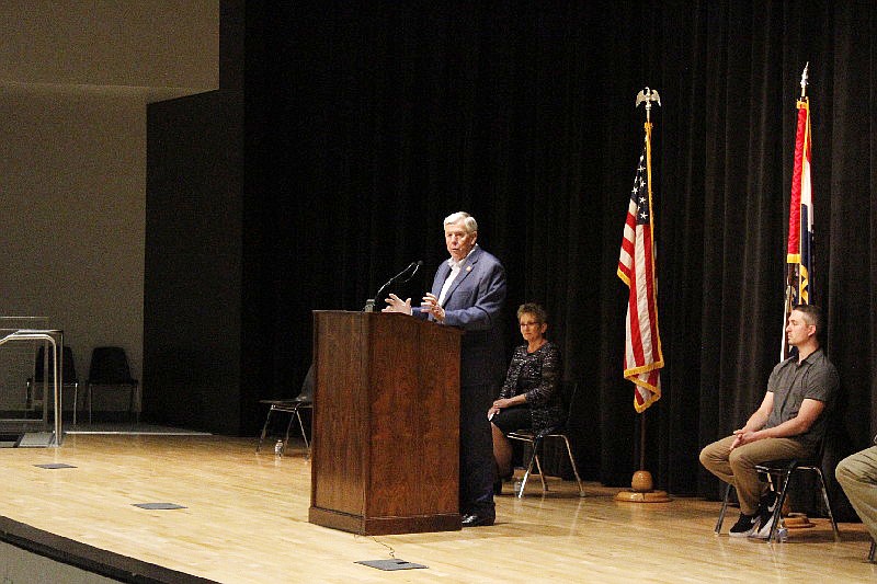 Missouri Gov. Mike Parson speaks Thursday in Versailles as Morgan County celebrates its certification as a Work Ready Community. Morgan County is the 87th of Missouri's 114 counties to be certified.