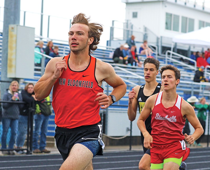 New Bloomfield's Caleb Distler competes in the 1,600-meter run last Saturday at the Class 2 Sectional 1 meet in Mokane.