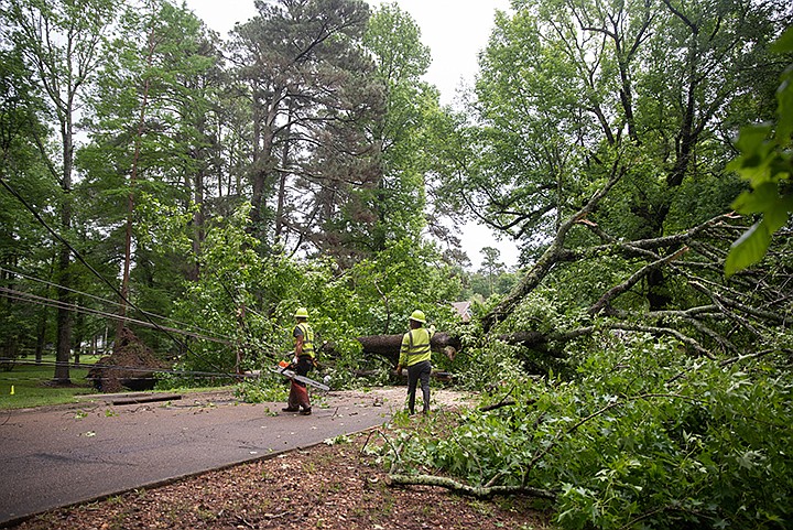 A tree was blown down Friday morning, May 20, 2021, in the 2300 block of Forest Avenue. The property owner, Samuel Dawson, said that sewage lines had been uprooted with the tree and that the electricity was turned off for the whole neighborhood until the tree could be removed to assess damage. Staff photo by Kelsi Brinkmeyer