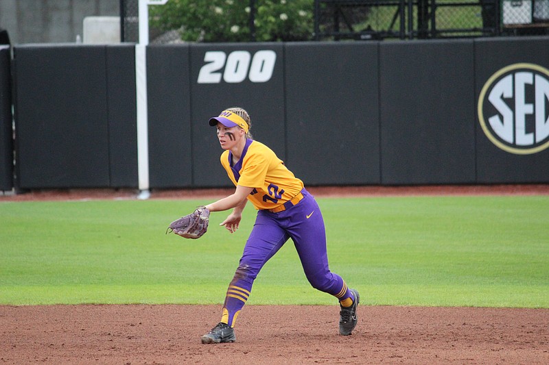 Sammey Bunch of Northern Iowa watches a pitch from her position at shortstop during Friday's game against Iowa State at Mizzou Softball Stadium.