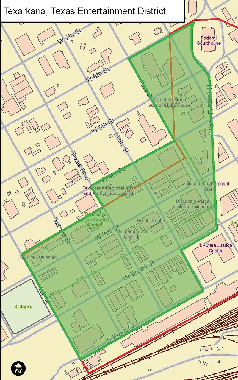 The shaded area of this map shows a proposed downtown entertainment district in Texarkana, Texas. To match a similar area in dowtown Texarkana, Arkansas, open containers of alcohol would be allowed in the Texas-side district. The City Council heard a first briefing on the idea during its meeting Monday. On June 14 the Council will conduct a public hearing on the proposal and vote whether to approve it.