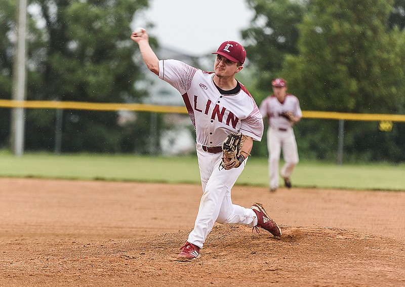 Linn starter Andy Hueste pitches in the first inning of Tuesday's Class 3 sectional game against Forsyth at Linn.