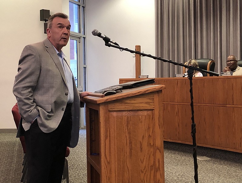 Ryan Boland/FULTON SUNDan Sanders — a representative from MACO Development Co., LLC — makes a presentation about a proposal to restore Carver School and convert it into apartments for senior citizens during the Fulton City Council's meeting Tuesday night.