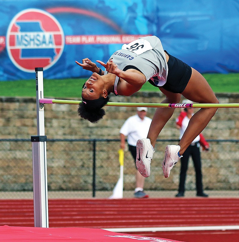 Kiara Strayhorn of Capital City easily clears the bar during the high jump Thursday in the Class 5 state track and field championships at Adkins Stadium.