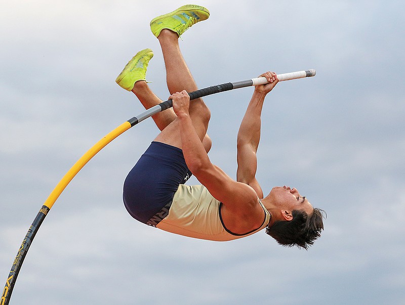 Dominic Crisostomo of Helias competes in the pole vault during a meet this season at Adkins Stadium. Crisostomo will compete in the Class 4 boys state championships today at Adkins Stadium.