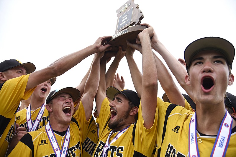 In this May 29, 2019, file photo, the St. Elizabeth baseball team lifts up the trophy after winning the Class 1 state title in O'Fallon.