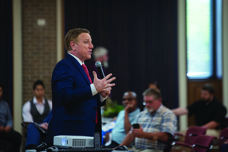 U.S. Rep. Pat Fallon speaks Wednesday evening during a town hall at Texarkana College.