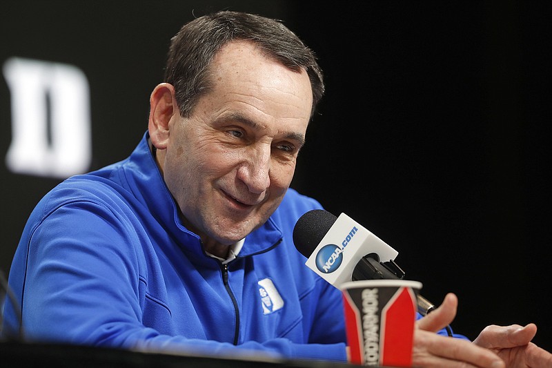 In this March 28, 2019, file photo, Duke coach Mike Krzyzewski speaks during a news conference at the NCAA Tournament in Washington.