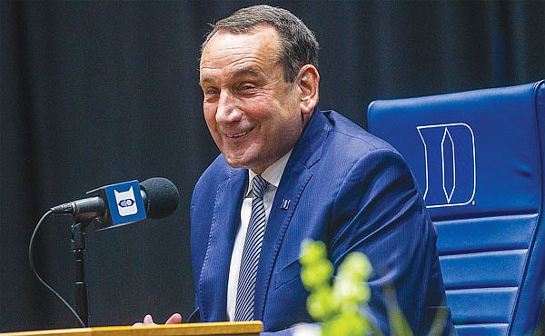 Duke basketball coach Mike Krzyzewski speaks during a news conference  Thursday at Cameron Indoor Stadium in Durham, N.C.