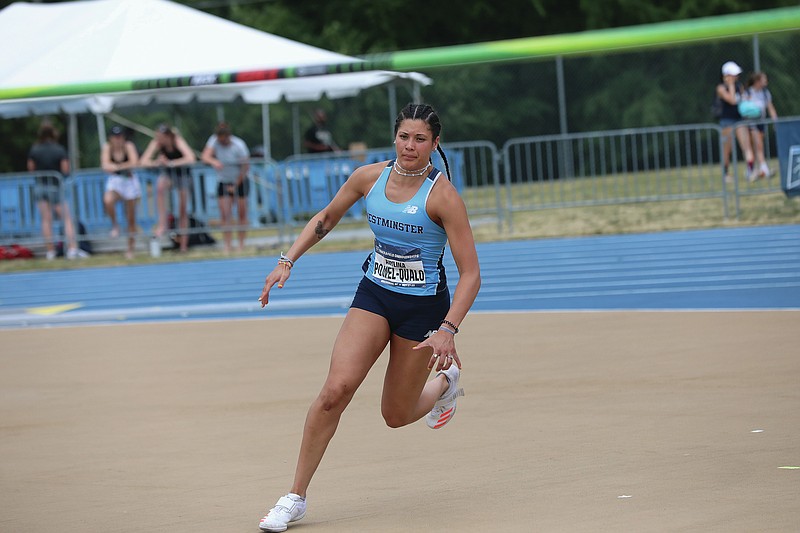 <p>Submitted</p><p>Westminster sophomore Avylina Powell-Qualo runs up before one of her high jump attempts May 28 at the Division III national championships. She came into this year after not jumping for two years because of injury and the pandemic.</p>