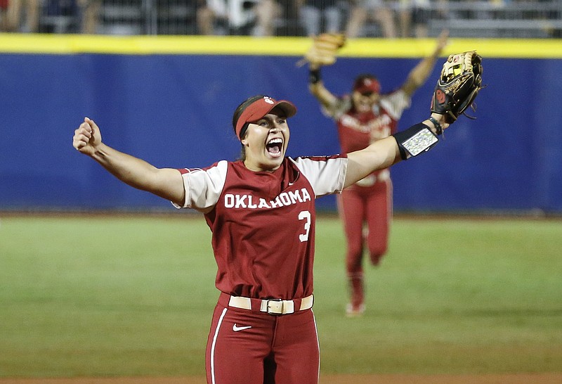 Oklahoma shortstop Grace Lyons celebrates after making a catch for the final out against UCLA in an NCAA Women's College World Series game Saturday in Oklahoma City.