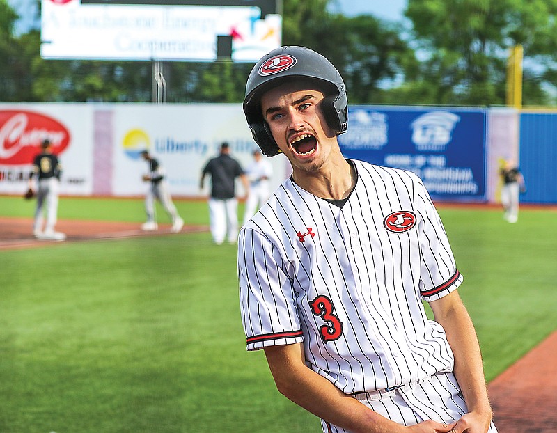 Jefferson City's Ethan DuBois celebrates after scoring a run Saturday during the Class 6 third-place game against C.B.C. at U.S. Baseball Park in Ozark.