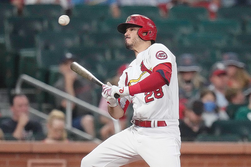 Nolan Arenado of the Cardinals avoids a ball high and inside during the fourth inning of Tuesday night's game against the Indians at Busch Stadium.