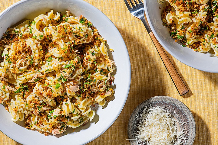 Cascatelli With Green Olives, Calabrian Chiles and Lemony Tuna. Photo for The Washington Post by Rey Lopez 
