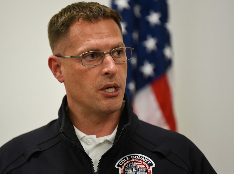 Claire Hassler/News Tribune
Chief of EMS Matt Lindewirth speaks about precautions the emergency response team in Cole County is taking while dealing with COVID-19 during a press conference on Monday, March 16, 2020 at the Cole County Sheriff’s Office. Lindewirth said the main goal of the Centers for Disease Control and Prevention’s recommendations is to “flatten the curve” of people who are infected at one time.