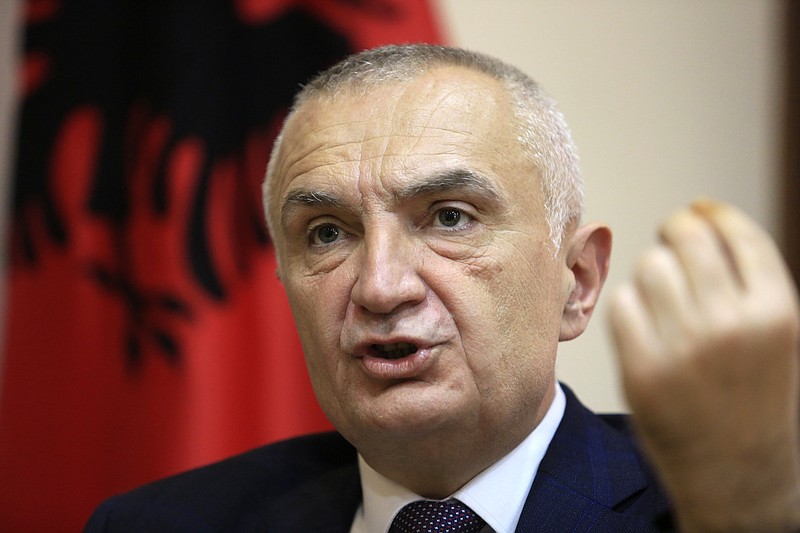 FILE - In this file photo dated Wednesday, April 21, 2021, Albanian President Ilir Meta speaks during an interview with the Associated Press in Tirana, Albania.  Albania's parliament said Monday May 31, 2021, they will hold an extraordinary session on June 9 to debate and vote on the possible impeachment of the country’s president Meta for allegedly violating the constitution. (AP Photo/Hektor Pustina, FILE)