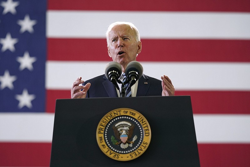 President Joe Biden speaks to American service members at RAF Mildenhall in Suffolk, England, Wednesday, June 9, 2021. (AP Photo/Patrick Semansky)