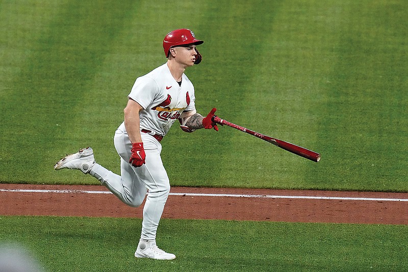 Cardinals outfielder Tyler O'Neill tosses his bat and rounds the bases after hitting a two-run home run during the third inning of Wednesday's game against Indians at Busch Stadium.