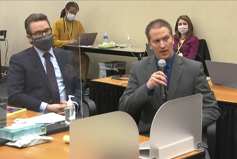 FILE - In this April 15, 2021, file image from video, defense attorney Eric Nelson, left, and defendant, former Minneapolis police officer Derek Chauvin, address Hennepin County Judge Peter Cahill at the Hennepin County Courthouse in Minneapolis, Minn. Nelson is asking that the judge sentence Chauvin, convicted of murder in the death of George Floyd, to probation and time already served, probationary sentence, limiting his incarceration to time served, or in the alternative, a downward durational departure in crafting its sentence for Mr. Chauvin. (Court TV via AP, Pool File)