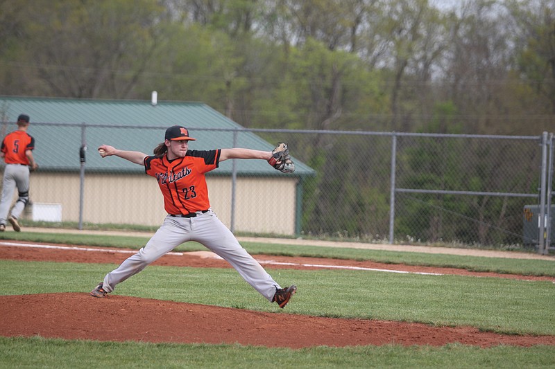 <p>Jeremy Jacob/FULTON SUN</p><p>New Bloomfield’s Ashton Schuster throws a pitch April 26 during the team’s 8-2 win against Calvary Lutheran. Schuster was named to the Show-Me Conference second team along with Breycin Dysart. Lucas Buscher was selected to the first team and Michael Saleny was named an honorable mention.</p>