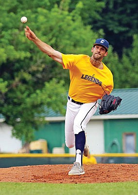 Jacob Voss of the Jefferson City Legends releases a pitch Friday night during a game against the Jefferson City Renegades at Vivion Field.