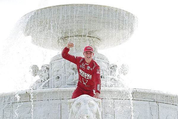 Marcus Ericsson celebrates Saturday after winning the first race of the IndyCar Detroit Grand Prix doubleheader on Belle Isle in Detroit.