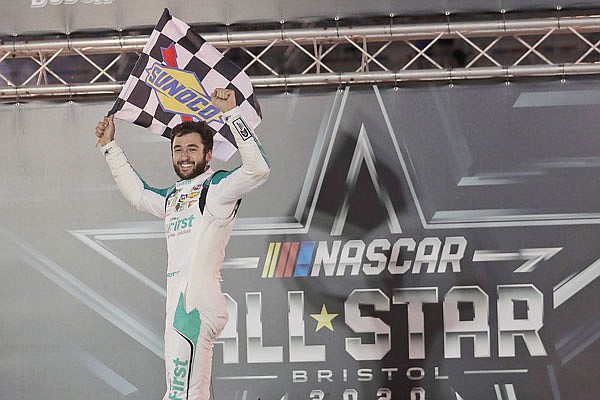 In this July 15, 2020, file photo, Chase Elliott celebrates after winning the NASCAR All-Star race at Bristol Motor Speedway in Bristol, Tenn. 