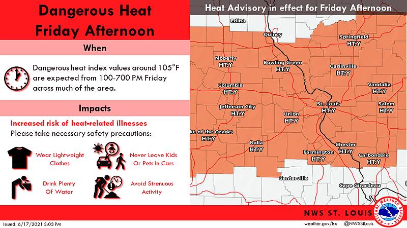 With a high temperature of 101 degrees and a heat index of 105 degrees forecast, the National Weather Service in St. Louis has issued a Heat Advisory in effect from 1-7 p.m. Friday, June 18, 2021, covering portions of central, east-central, northeastern and southeastern Missouri.