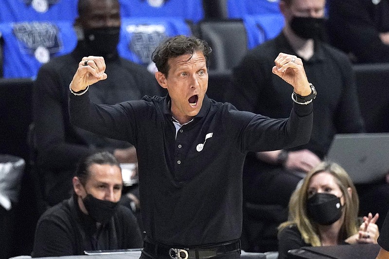 Jazz head coach Quin Snyder gestures to his team during the second half Friday in Game 6 of a second-round Western Conference series against the Clippers in Los Angeles.