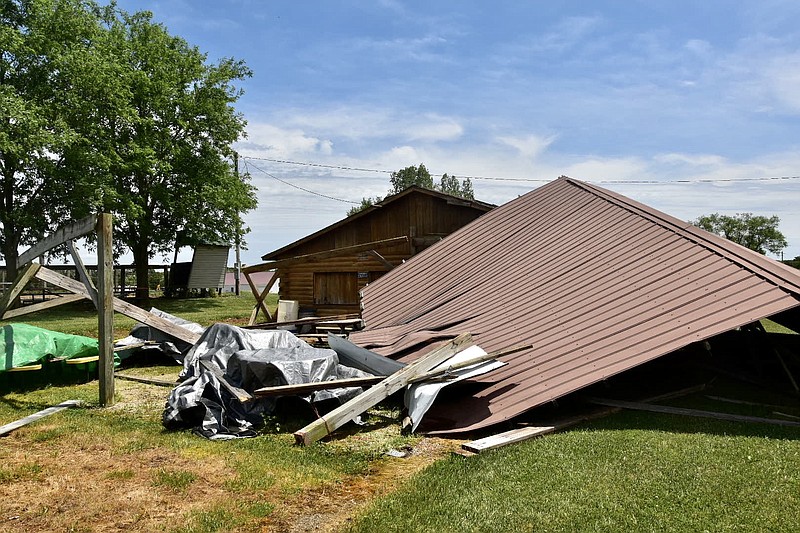 <p>Paula Tredway/FULTON SUN</p><p>The pavilion at the Carl Gastineau Memorial Arena, home of the Mid-Mo Saddle Club near New Bloomfield, was damaged in Saturday night’s storm. The club has started a Go Fund Me page to raise money for the repairs.</p>