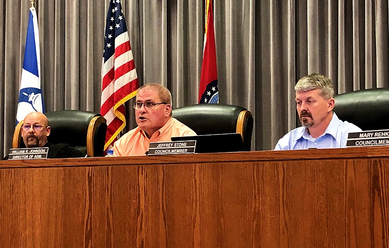Director of Administration Bill Johnson, center, talks during the Fulton City Council's May 25 meeting in Fulton City Hall. Fulton Mayor Lowe Cannell is left and Ward 2 councilman Jeff Stone is right. The council meets again at 6:30 tonight.