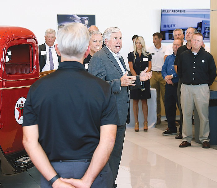 Missouri Gov. Mike Parson speaks Tuesday, June 22, 2021, during a celebration of the re-opening of Riley Chevrolet in Jefferson City. The dealership at 2033 Christy Drive had been closed because of damage from the 2019 tornado.