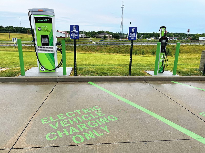 The first electric vehicle charging station in Callaway County, seen in this June 26, 2021 photo, is open. The charging station — owned by Callaway Electric Cooperative — is located at the FastLane Convenience Store in Kingdom City.