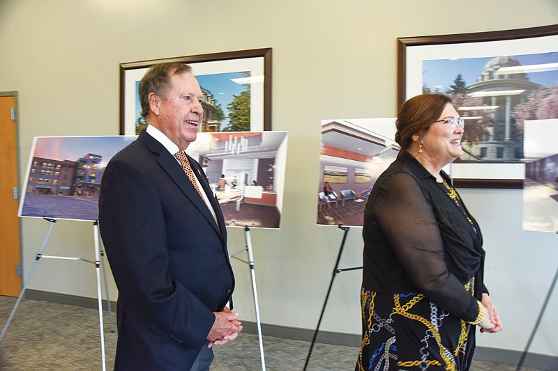 Peter and Dana Goldschmidt look at architect's renderings of the new outpatient surgery center at Capital Region Medical Center in Jefferson City Friday, June 25, 2021. The facility, currently under construction, will bear the name Goldschmidt Outpatient Surgery Center after the hospital accepted a large donation from the local family.