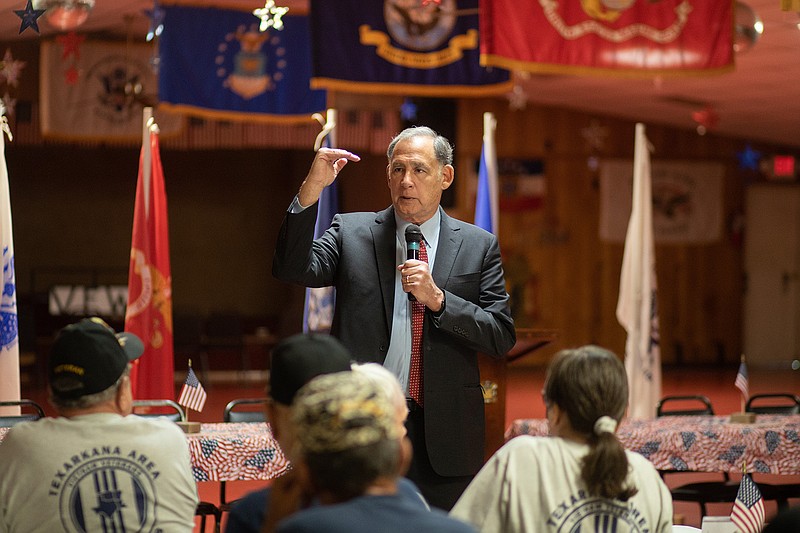 U.S. Sen. John Bozeman, R-Ark., answers questions from veterans Tuesday at the Veterans of Foreign Wars Post 4562 in Texarkana, Ark.