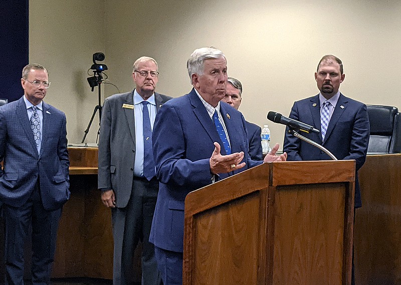 Missouri Gov. Mike Parson speaks during an announcement of the contractor selected for the Rocheport I-70 bridge replacement Thursday, July 1, 2021.