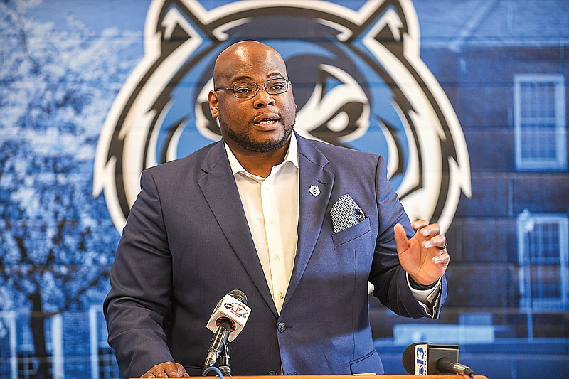 Kevin Wilson, Lincoln's vice president for advancement, athletics and campus recreation, addresses the media Monday, July 12, 2021, during a press conference at Jason Gym.