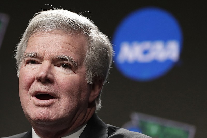 In this April 4, 2019, file photo, NCAA president Mark Emmert answers questions during a news conference at the Final Four in Minneapolis.