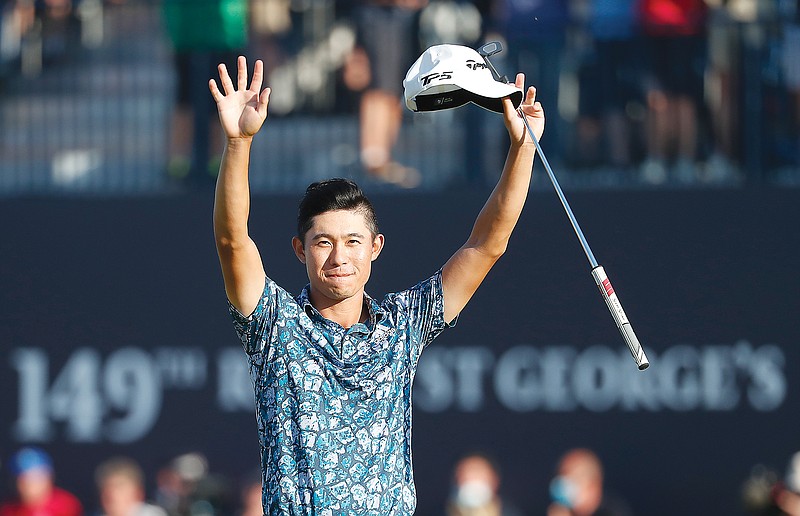 Collin Morikawa celebrates Sunday on the 18th green after winning the British Open at Royal St. George in Sandwich, England.