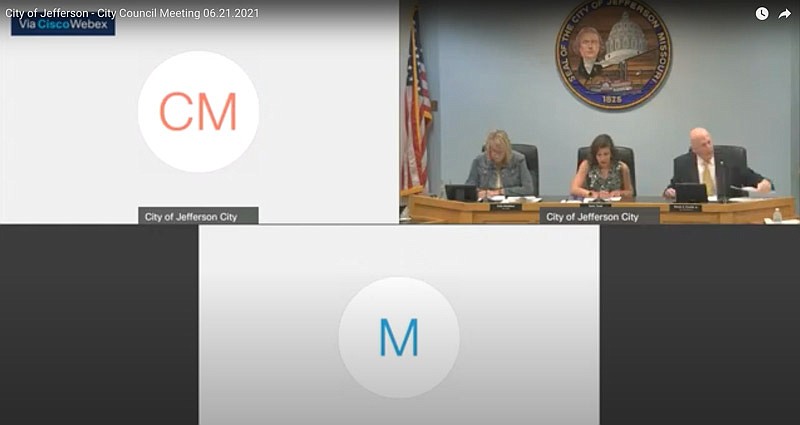 This screenshot is taken from a YouTube video of the June 21, 2021 meeting of the Jefferson City Council, during which some city officials participated virtually. The council unanimously approved a rule change Monday, July 19, to allow members of city committees to participate in meetings virtually.