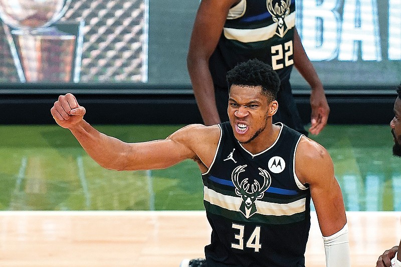 Bucks forward Giannis Antetokounmpo celebrates Tuesday during the second half of Game 6 of NBA Finals against the Suns in Milwaukee.
