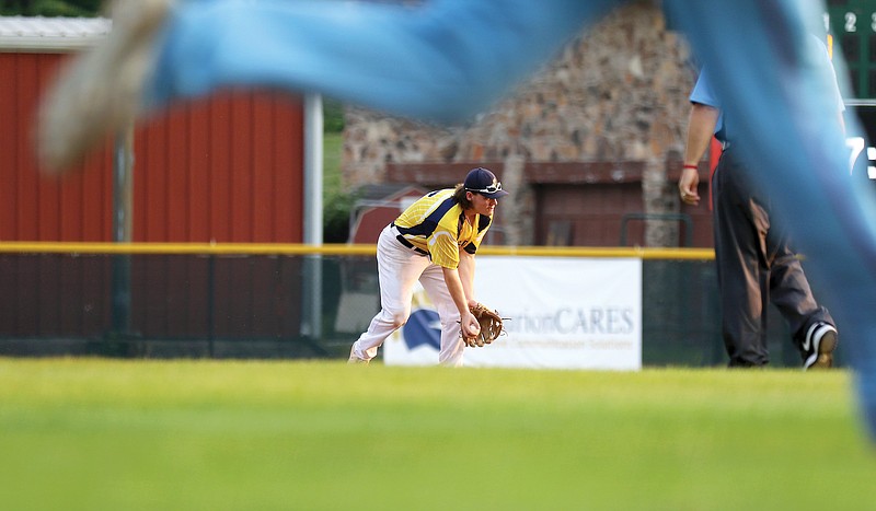 Jefferson City Renegades shortstop Josef Keilholz tosses the ball to second base to record an out Wednesday night during a game against the Kansas City Monarchs at Vivion Field.