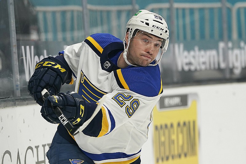 In this March 20 file photo, Blues defenseman Vince Dunn plays during a game against the Sharks in San Jose, Calif. Dunn was selected Wednesday by the Kraken in the expansion draft.