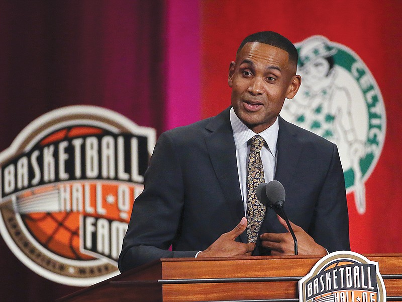 In this Sept. 7, 2018, file photo, Grant Hill speaks during induction ceremonies at the Basketball Hall of Fame in Springfield, Mass.