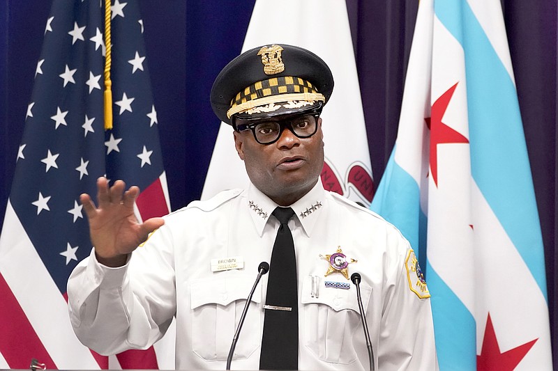 Chicago Police Superintendent David O. Brown responds to a question during a news conference Thursday, July 22, 2021, in Chicago. Brown spoke about multiple shootings Wednesday, including the drive-by shooting wounding eight people who had been riding on a party bus, just one of several fatal shootings in the city. (AP Photo/Charles Rex Arbogast)